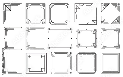 Collection of decorative geometric border frames and corner elements for design, perfect for invitations, branding, posters, social media graphics, and creative layout projects.