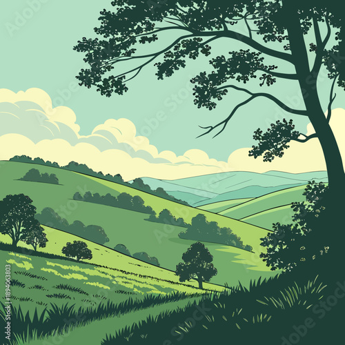 Beautiful Green Hills Landscape with Clear Blue Sky