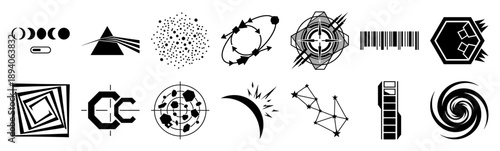 Minimalist Black and White Space Exploration Symbol Set for Sci-Fi UI and Celestial Infographics