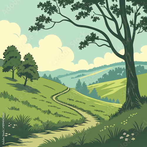 Idyllic Green Hills Landscape with Bright Blue Sky