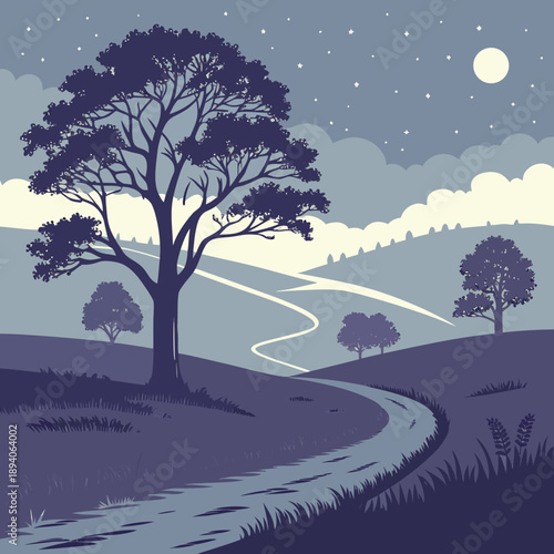 Calm Evening Landscape with Darkening Sky Vector