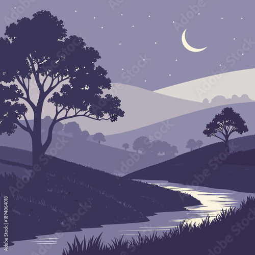 Darkening Evening Sky Over Calm Landscape Illustration