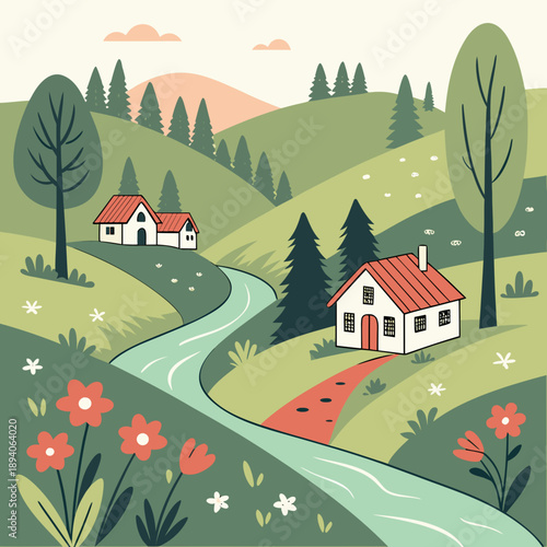 Isometric Village Landscape with River and Hills