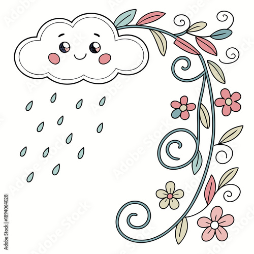 Doodle Cloud with Floral Vine Border: Kids Style Art