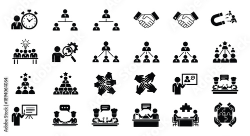 Collection of flat design business icons illustrating team collaboration, leadership hierarchy, time management, and strategic planning concepts