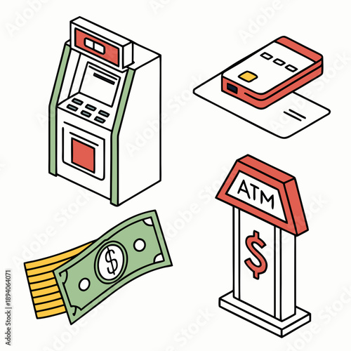 Flat Vector Banking Icons Set - ATM, Card, Transfer