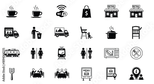 Set of modern minimalist icons illustrating urban life, commerce, transportation, dining, and accessibility symbols in black and white