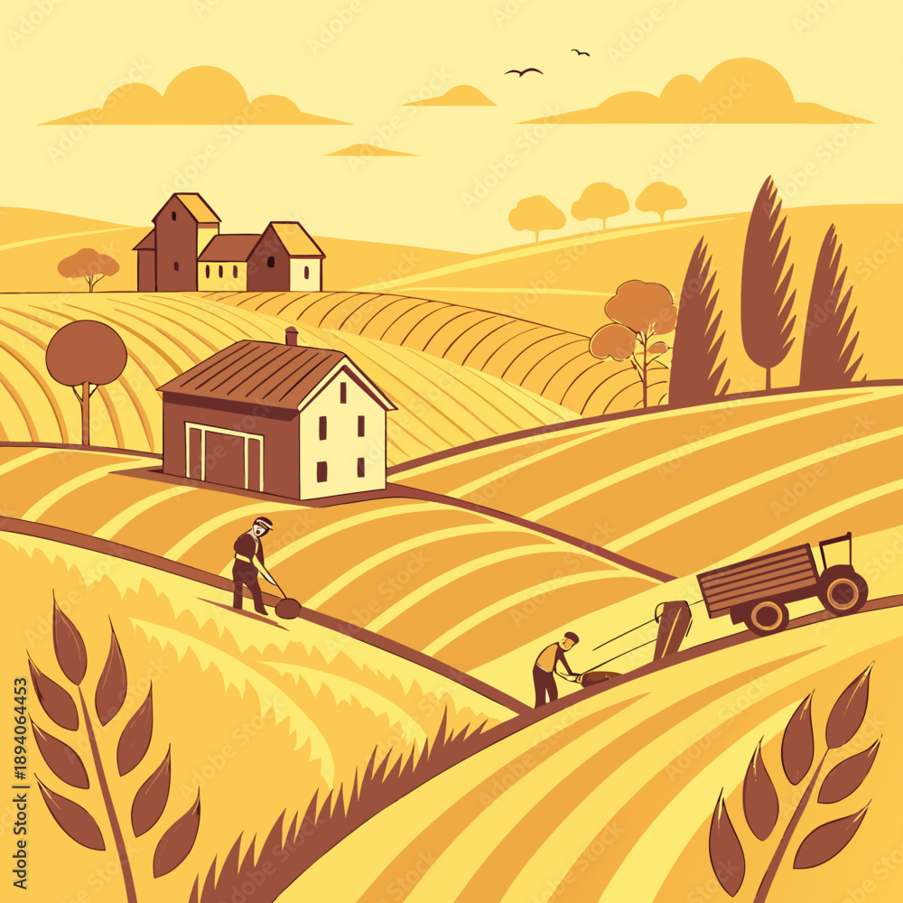 Fototapeta premium Golden Harvest Season Village Landscape with Working Farmers