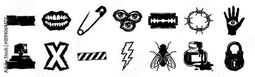 Grungy Punk Rock Linocut Element Kit for Underground Streetwear and Alternative Zine Design