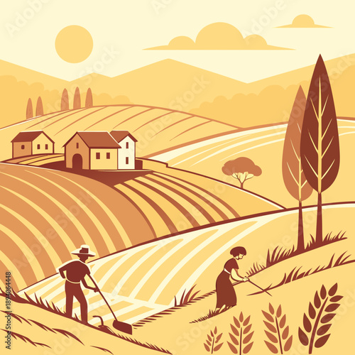 Idyllic Golden Harvest Village Landscape with Active Farmers