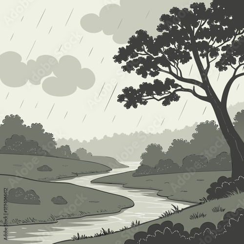 Rainy Season Landscape with Clouds, River, and Soft Light