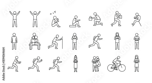Collection of minimalist human silhouette icons depicting diverse activities and movements in simple black and white line drawings