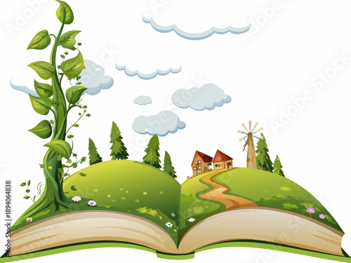 An open storybook depicts a whimsical landscape with rolling hills and a cottage