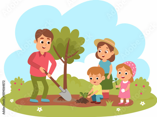 A family plants a young tree together in a cheerful garden scene