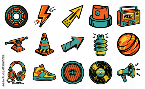 Retro Street Culture Graphic Asset Sheet with Skateboard Hardware and Audio Elements for Urban Branding
