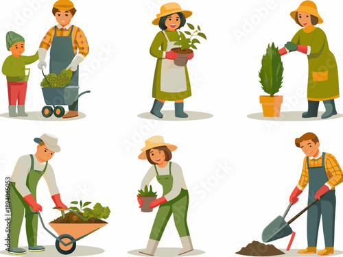 Diverse group of cartoon gardeners tending to plants and soil