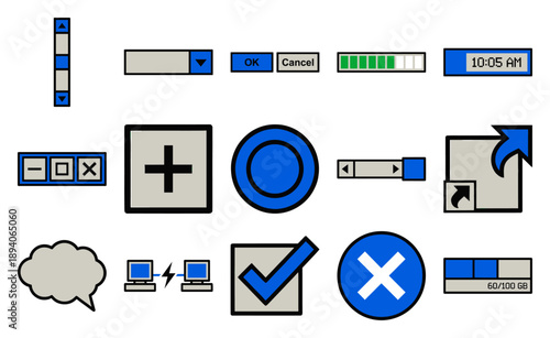Retro Pixel Art Computer User Interface Element Kit for 90s Operating System Web Design
