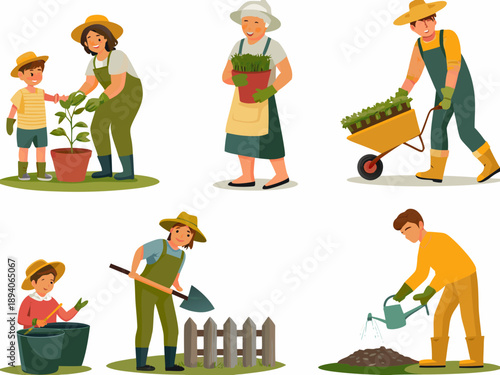 Family gardening together planting watering and tending to their garden