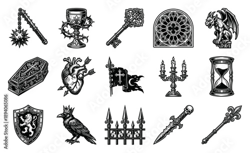 Vintage Gothic Woodcut Engraving Element Kit for Dark Medieval Fantasy and Occult Aesthetics