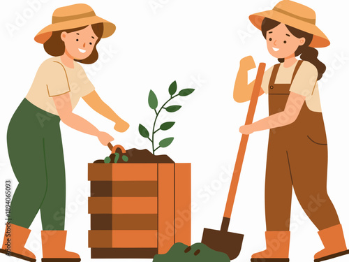 Two women cheerfully gardening and planting a small tree outdoors