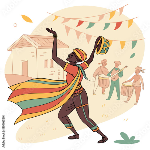 African dancer in colorful outfit with musicians behind
