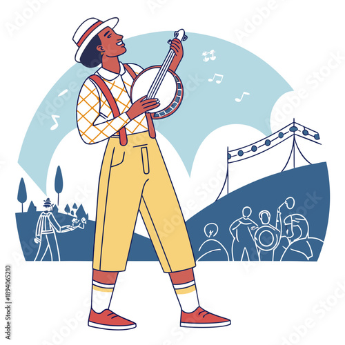 Folk festival performer playing banjo with confident posture