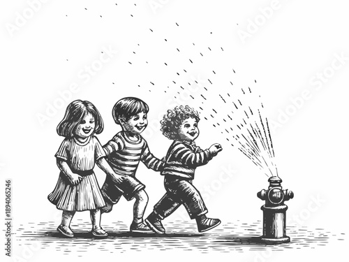 Children playing with a fire hydrant on a sunny street