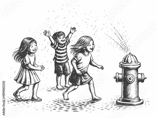 Children playing under a spray of water from a fire hydrant