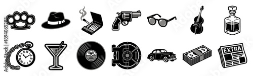 Vintage Noir Vector Icon Set of Prohibition Era Objects and Mobster Lifestyle Element Kit
