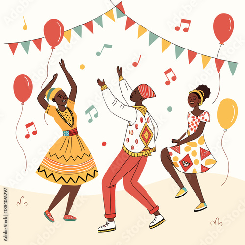 Dancing people at cultural festival with balloons and bunting