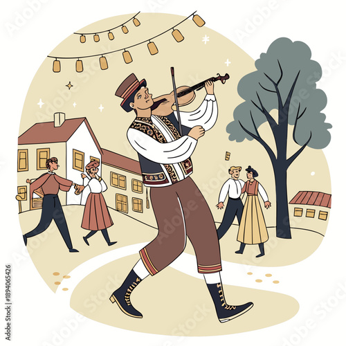 Folk music celebration with violinist and dancers in traditional clothing