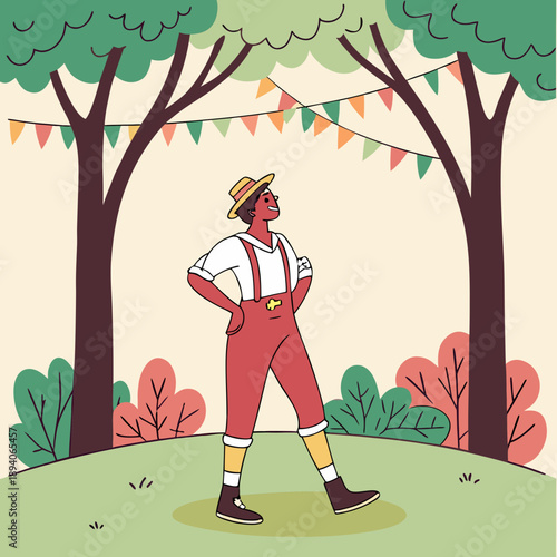 Cartoon man in red overalls standing proudly at rural festival