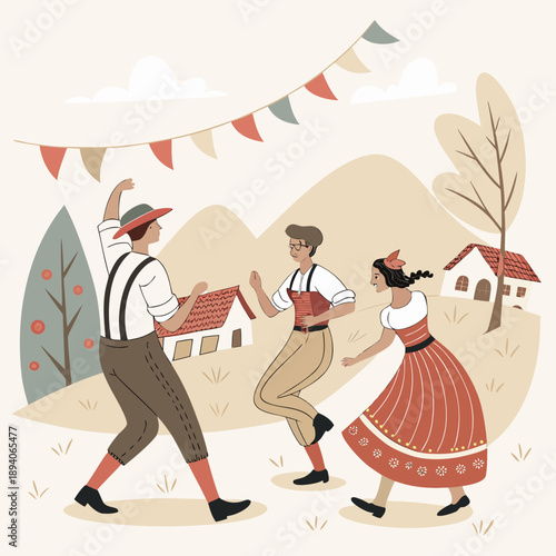 Folk dancers in traditional clothing performing outdoors