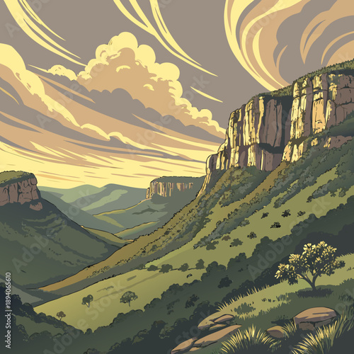 Layered Mountain Landscape with Dramatic Sky