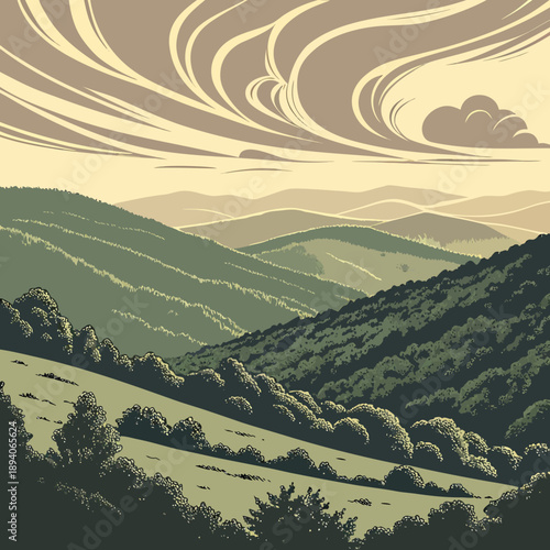 Layered Mountain Landscape with Dramatic Sky