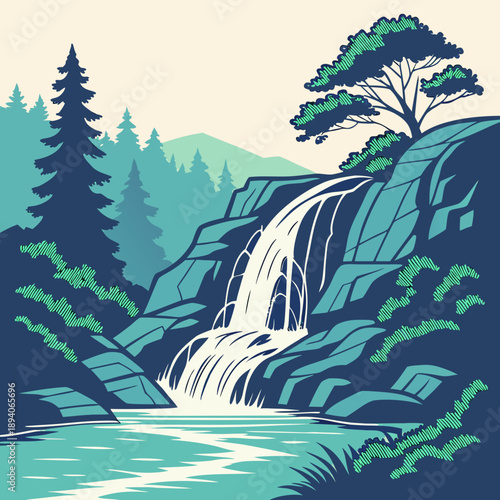 Mountain Waterfall Vector Illustration with Flowing Water