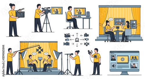 Professional team producing video content with cameras, microphones, and studio equipment for broadcasting and live streaming sessions