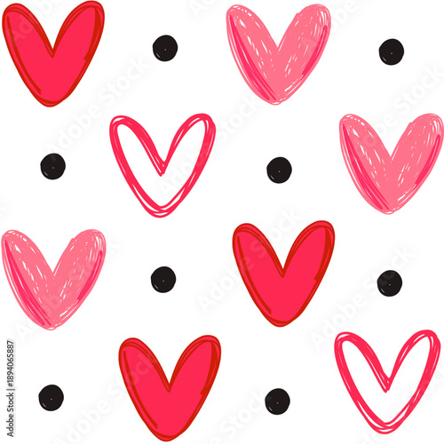 Doodle hearts seamless vector pattern. Hand drawn hearts and dots girly print