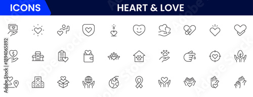 Heart, love, care, help, charity, and donation outline icons are set isolated on a white background in a flat vector illustration.