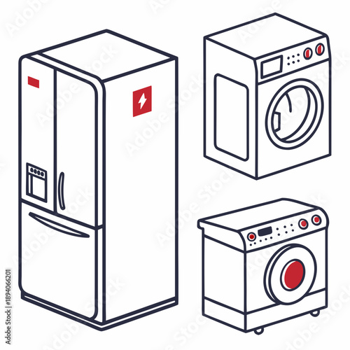 Home Appliance Icons Set: Fridge, Washing Machine & Smart Home Vector