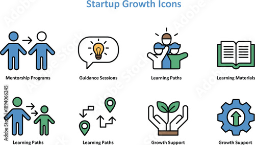 Startup growth icons, mentorship programs, guidance sessions, learning paths, educational resources, business support, development tools, strategy planning, flat vector illustration