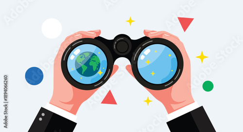 Hands holding binoculars revealing global and celestial perspectives with colorful geometric shapes and symbols