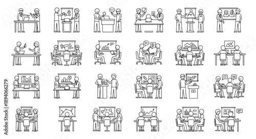 Flat design illustration of professional team collaboration and business meetings with diverse employees engaging in work activities