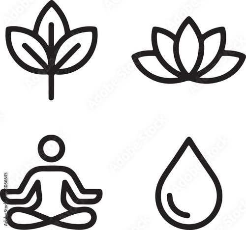 Black line of lotus flower leaf water drop and meditating person line black lotus flower