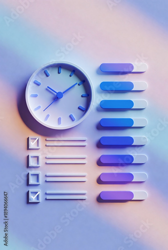 3D Time Management Checklist Interface with Clock and Task Progress Bars