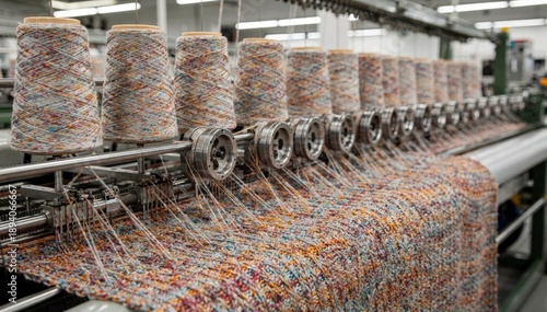 Medium angle capturing melange yarn cones on creel connected to multiple knitting heads highlighting the intricate mix of dyed fibers producing variegated fabric textures.