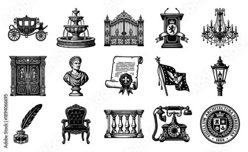 Vintage Woodcut Engravings of Estate Elements and Royal Stationery Asset Sheet for Heritage Branding