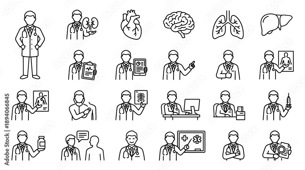 Fototapeta premium Outline Doctor Medical Character Line Icons Isolated on White