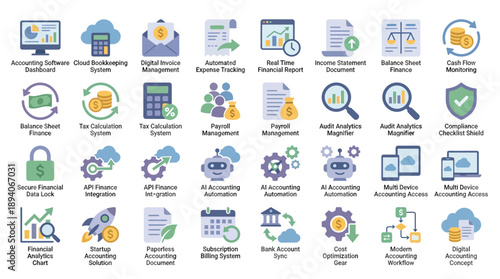 Flat Digital Accounting Icon Set � Cloud Finance and Online Bookkeeping