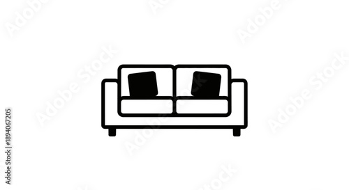 Minimalist Outline Icon of a Two-Seater Sofa with Cushions, Modern Furniture Element, Isolated White Background